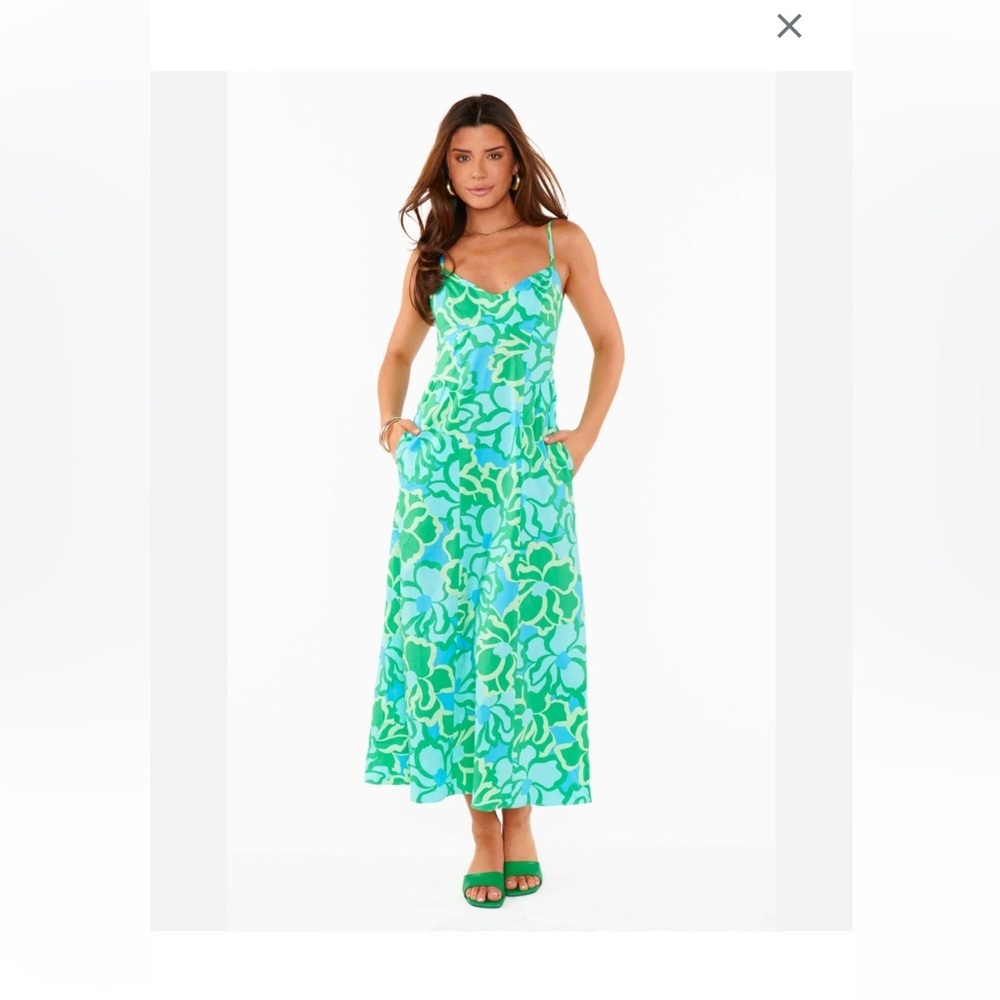 Show Me Your MuMu Allegra Green & Aqua Floral Cotton Midi Dress Medium